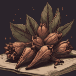 A detailed illustration of dried flowers and leaves arranged atop an open book. The flowers have a rustic, textured appearance, and the leaves are vibrant, creating a harmonious natural composition.