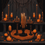 How to Create a Samhain Altar | Samhain altar with orange and black candles