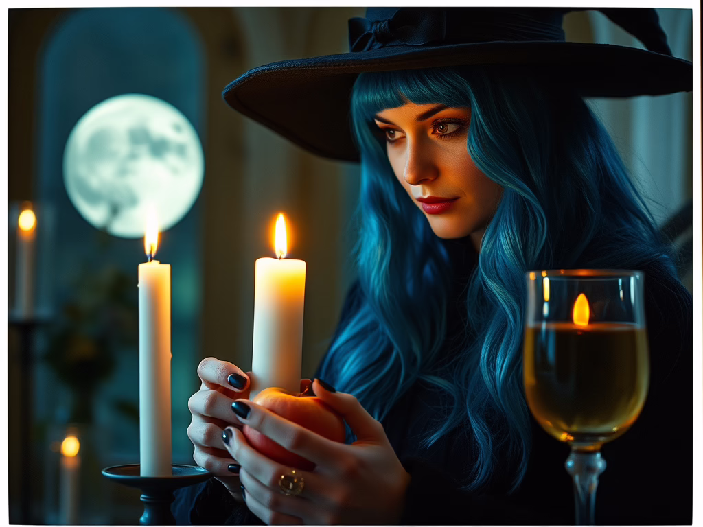 A woman with long blue hair wearing a black hat and holding a candle, seated at a table with lit candles and a glass of wine. A full moon is visible in the background, adding to the atmospheric setting.