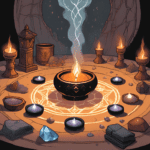 Protection candle spell with black candle, salt, and herbs on witch’s altar, glowing softly