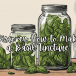 Make a Basil Tincture: Flat lay of basil tincture jar, fresh basil leaves, and herbal tools on a rustic wooden table