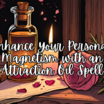 attraction oil spell - A small bottle of attraction oil with rose petals and vanilla beans, glowing in soft candlelight, surrounded by herbs and crystals.
