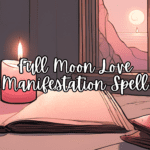 Full Moon Love Spell. A red candle and rose quartz crystal glowing under the light of a full moon, with a love spell written on parchment