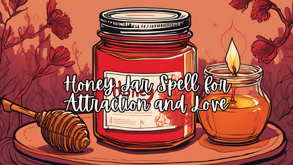 Honey jar spell for love with red candle, rose petals, and soft warm lighting on a wooden altar