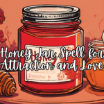 Honey jar spell for love with red candle, rose petals, and soft warm lighting on a wooden altar
