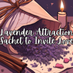 A pink sachet filled with lavender, rose petals, and cinnamon to invite love, placed on a rustic altar