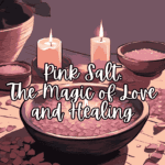 A wooden table with bowls of pink salt and candles. Decorative flowers are placed in a pot, creating a calm and serene atmosphere. Text overlay reads: "Pink Salt: The Magic of Love and Healing."