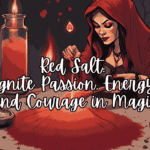 An illustrated scene featuring a woman in a red hooded cloak, mixing red salt on a table surrounded by candles and small bowls. The text overlay reads: 'Red Salt. Ignite Passion, Energy, and Courage in Magic.'