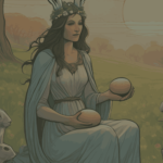 A woman in a long, flowing gown seated on grass, holding two eggs in her hands, surrounded by rabbits in a serene landscape with trees and a setting sun in the background.