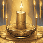 A golden candle placed on an ornate dish, surrounded by smaller candles in a dimly lit setting. The background features subtle floral designs and a warm glow emanating from the main candle.