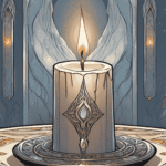 A detailed illustration of a lit candle on an ornate, circular base, surrounded by softly glowing elements against a dark background. Decorative sconces and geometric patterns are visible, enhancing the mystical atmosphere.