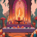 A vibrant altar adorned with candles, flowers, and crystals, celebrating the sacred union and fertility.
