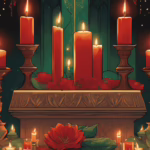 An altar with red and green candles, flowers, and crystals symbolizing fertility and passion.