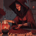 A witch placing hawthorn berries, rose petals, and rosemary into a jar with a red wax seal and candles glowing nearby.