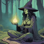 A serene green witch meditates in a moonlit forest, surrounded by glowing light, lavender incense, and calming ritual tools.