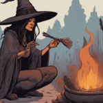 A witch smudging the space with sage, surrounded by flowers, with a bonfire crackling nearby.