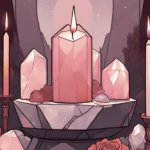 Crystals like rose quartz, garnet, and moonstone on an altar with candles and flowers, symbolizing love and fertility.