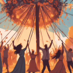 A vibrant Beltane scene with people dancing around a Maypole, bonfires blazing, and flowers in full bloom under a clear, sunny sky.