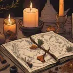 Cloves Spell Work. Whole cloves scattered on spell ingredients with red pouch, green candle, herbs and parchment in soft witchy light.