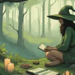 A green witch in a forest glade, surrounded by herbs, crystals, candles, and a journal, connecting with nature under dappled sunlight, barefoot and serene.