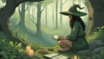 A green witch in a forest glade, surrounded by herbs, crystals, candles, and a journal, connecting with nature under dappled sunlight, barefoot and serene.