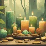 An altar with green and gold candles, coins, citrine and jade crystals, and bay leaves glowing with golden light on a wooden table in natural sunlight