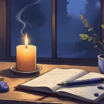 Career Clarity Spell: A yellow candle burning beside a notebook, pen, and lapis lazuli on a calm altar space, with lavender incense curling in soft, focused light