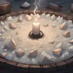 Overhead view of a salt circle with a white candle and incense burning inside, for a Circle of Protection Spell