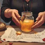 Honey Remedy for Love Marriage Magic: Witch’s hands preparing a honey jar spell with herbs, pink candle, rose petals and handwritten paper, set on a rustic wooden altar with soft golden light
