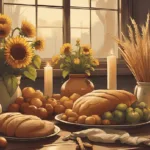 Lammas altar ideas - Lammas altar with bread, wheat, sunflowers, and candles celebrating the first harvest sabbat