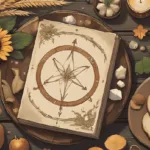 Lammas correspondences - Flat lay of Lammas altar items including sunflowers, wheat, crystals, herbs, bread, and candles in a warm harvest colour palette