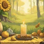 Outdoor Litha altar with yellow cloth, sunflowers, herbs, candle, and crystals in a sunny meadow. Warm, natural, midsummer ritual vibe.