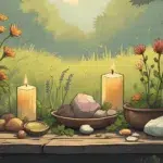 Sunlit midsummer litha altar with yellow candle, herbs, crystals, and wildflowers on a wooden table in a meadow. Natural, witchy, summer solstice vibe.