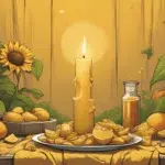 Sun-drenched Litha altar with yellow cloth, sunflowers, citrus fruits, a gold candle, herbs, and honey on a wooden surface. Bright, natural, and witchy midsummer feel.