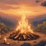 Outdoor Litha bonfire at sunset, with candles, herbs, and handwritten notes being safely burned. Golden light, summer solstice vibe, peaceful and powerful atmosphere.