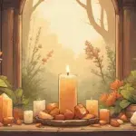 Wooden altar in sunlight with sunstone, citrine, and carnelian crystals, gold candle, fresh herbs, and wildflowers. Radiant, natural Litha celebration.