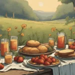 Sunlit litha picnic or outdoor table with strawberries, bread, honey cakes, herbal tea, and candles. Decorated with wildflowers and herbs, evoking a summer solstice feast.