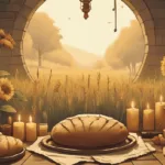 history and meaning of Lammas: Seasonal altar for Lammas with offerings of bread, sunflowers, and ritual tools to honour the harvest