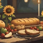 how to celebrate Lammas - Lammas sabbat celebration with a feast of bread, fruit, sunflowers, and harvest offerings on a rustic altar
