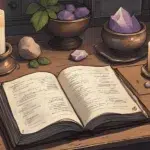 Handwritten book of shadows open on a wooden desk with candles, herbs, and crystals—perfect visual for “how to make my own book of shadows”