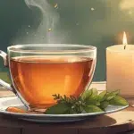 Soothe a Cough Quickly: A steaming herbal tea with thyme and honey to soothe a cough quickly, surrounded by candles and witchy altar tools.