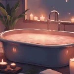 Pink Salt Bath Ritual: Himalayan pink salt bath with candles, herbs, and crystals set for a spiritual cleansing ritual