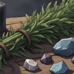 rosemary protection spell: A bundle of rosemary tied with twine next to a black candle, protective crystals, and a witch's altar