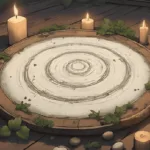 salt rituals for protection: Circle of salt surrounded by candles and rosemary, set up for a protective ritual