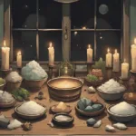 what is salt used for in witchcraft - Witch’s altar with various salts, herbs, and crystals laid out for cleansing and protection rituals