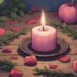 Is Rosemary Good for Love Spells? Sprigs of rosemary with rose petals and a pink candle arranged for love spell work