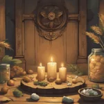spells and rituals for Lammas - Witchcraft ritual tools for Lammas including candles, herbs, spell jar, and sunflowers on a harvest-themed altar