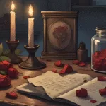 Moody candle-lit altar with dried roses, torn love letters, and a spell jar, symbolising the consequences of coercive love spells