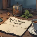 Overcome Procrastination: A quiet altar with a single lit candle, cup of herbal tea, and a handwritten note – “Spell to Return to Yourself”