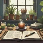 A peaceful desk with herbs, candle, tea, and notebook – "Feeling Overwhelmed in Witchcraft"